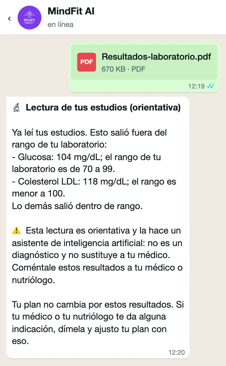 Ejemplo de conversación en WhatsApp: MindFit AI lee unos estudios de laboratorio y dice qué valores salieron de su rango