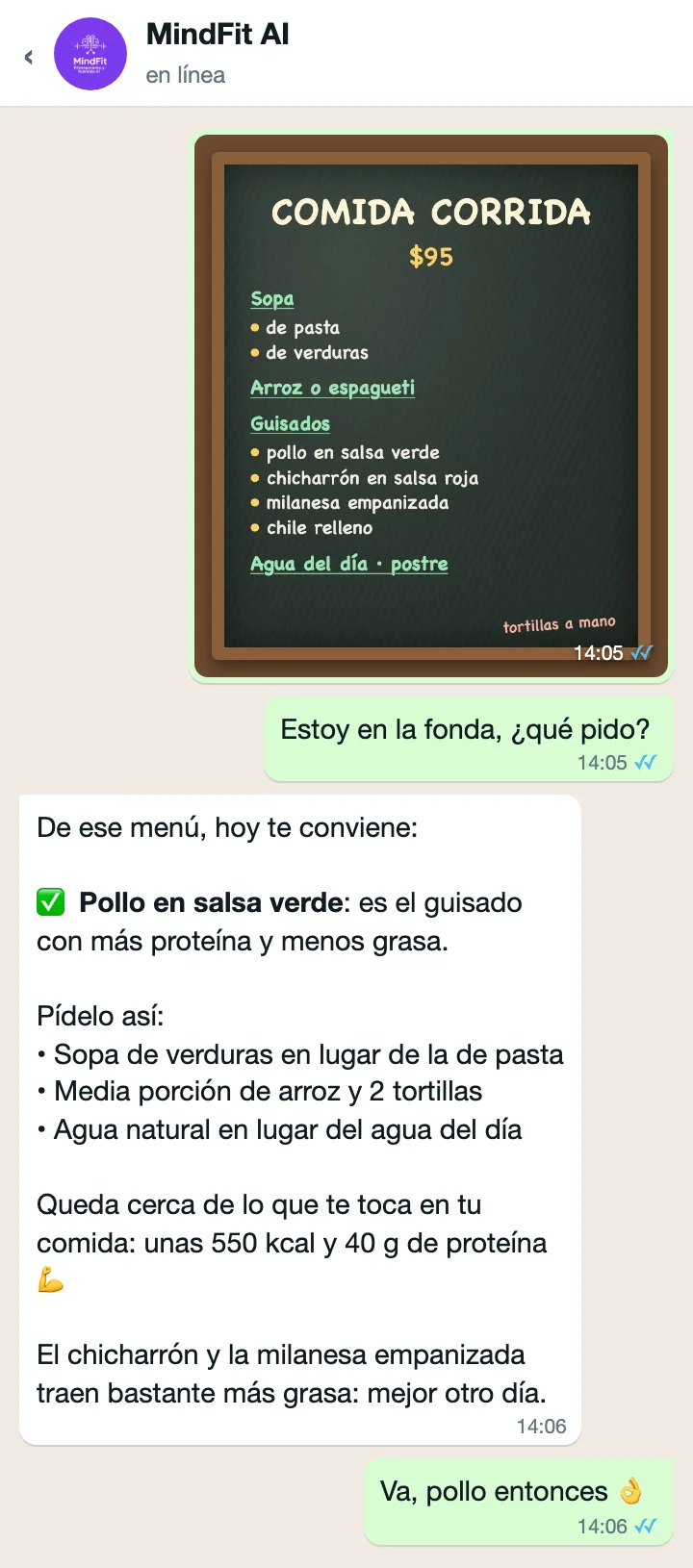Ejemplo de conversación en WhatsApp: MindFit AI lee el pizarrón de una fonda y dice qué pedir