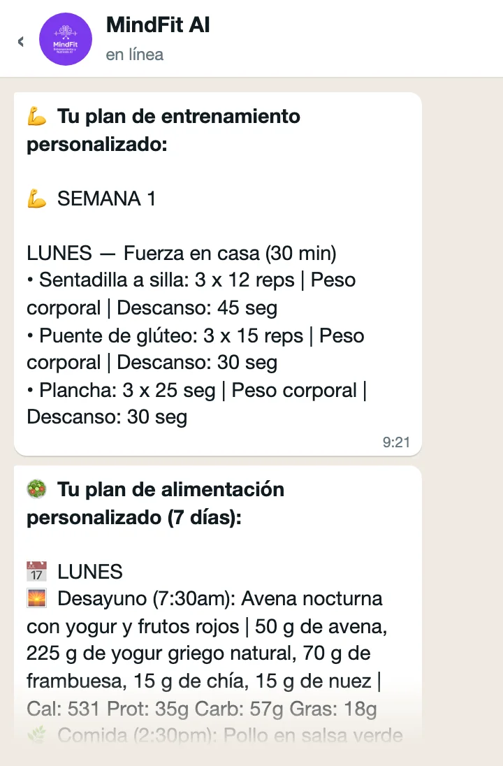 Ejemplo de conversación en WhatsApp: MindFit AI entrega el plan de entrenamiento y de alimentación