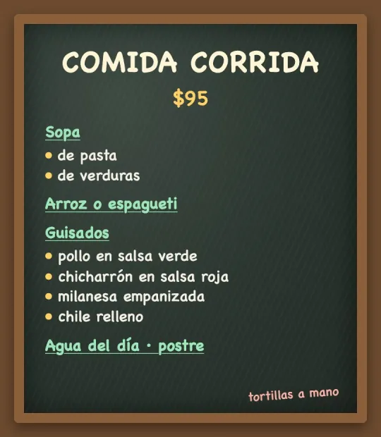 Foto del pizarrón de una fonda: comida corrida con sopa, arroz y guisados